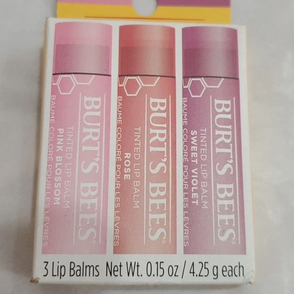 Burt's Bee 3pack pink blossom rose & sweet violet Tinted lip balm pack new FREE‎